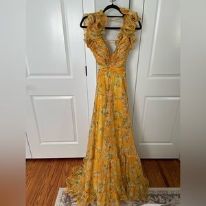 Stunning Max Duggal yellow ruffle tiered floral chiffon gown with cut outs